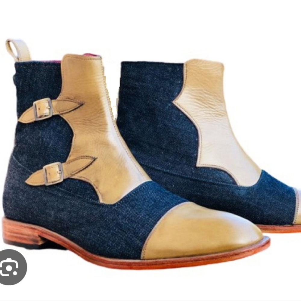 Handmade Beige and Blue Ankle Boots